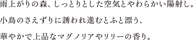 雨上がりの森、しっとりとした空気とやわらかい陽射し。小鳥のさえずりに誘われ進むとふと漂う、華やかで上品なマグノリアやリリーの香り。