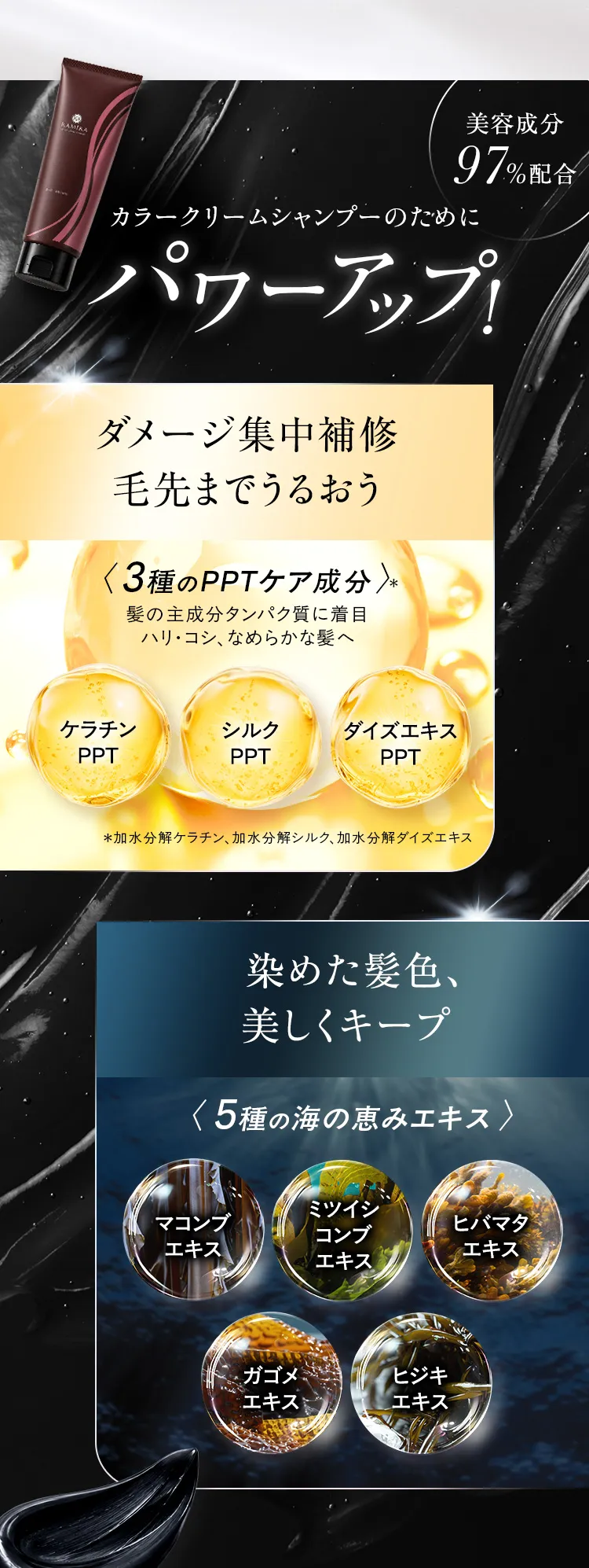 カラークリームシャンプーのためにパワーアップ 美容成分97%配合 ダメージ集中補正 毛先までうるおう 染めた黒髪、美しくキープ