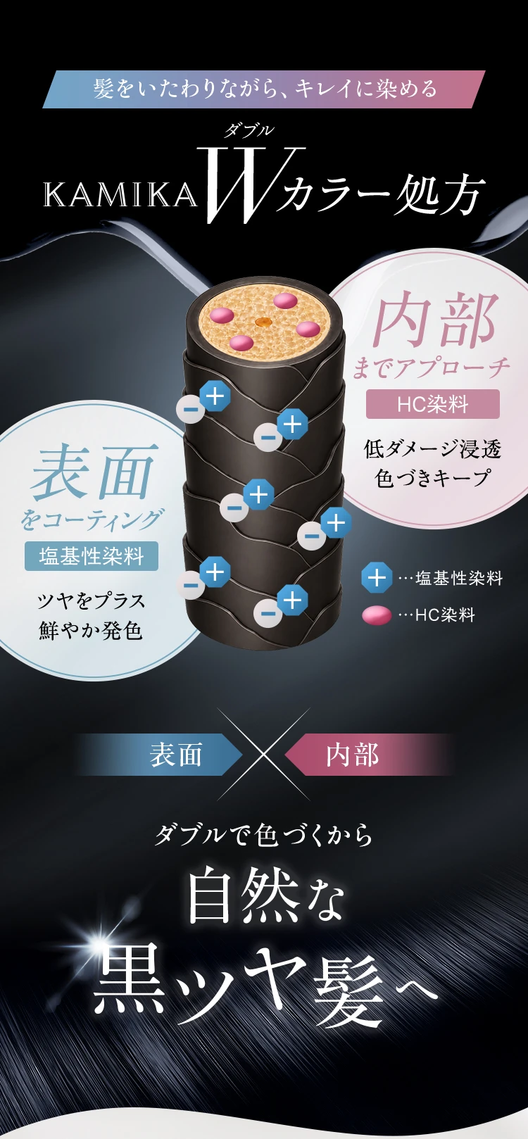 髪をいたわりながら、キレイに染める KAMIKAダブルカラー処方 ダブルで色づくから自然な黒ツヤ髪へ