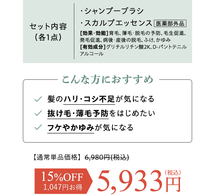 セット内容 シャンプーブラシ スカルプエッセンス 15%OFF 5933円