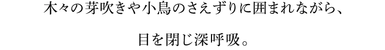 木々の芽吹きや小鳥のさえずりに囲まれながら、 目を閉じ深呼吸。