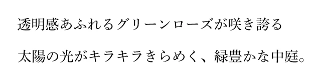 透明感あふれるグリーンローズが咲き誇る　太陽の光がキラキラきらめく、緑豊かな中庭。